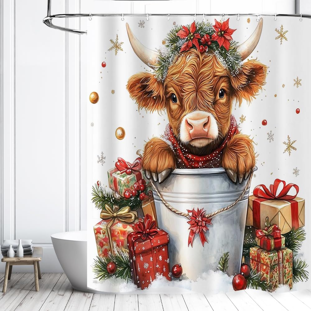 Cute Christmas Highland Cow Shower Curtain Waterproof Polyester For Bathroom Decor,Merry Xmas Red Western Rustic Bull Floral