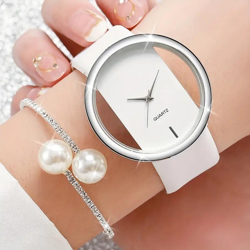 2pcs Fashion White Simple Watch Rhinestone Pearl Bracelet For Women Quartz Watch Bracelet Set белый