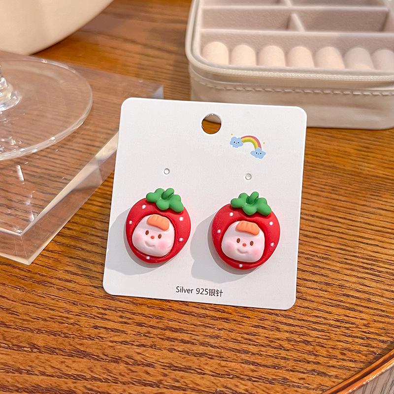 Summer Cartoon Cute Fruit Anthropomorphic Q Version Fun Girl Stud Earrings Peach Cow Flowers
