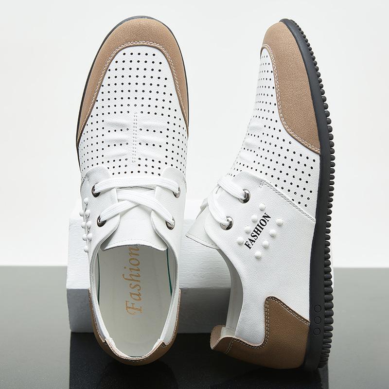 Men's Shoes Hollow Breathable Cowhide Soft Sole Four Seasons Leather Shoes Men's Inner Height Increase Thin White Casual Shoes 2025