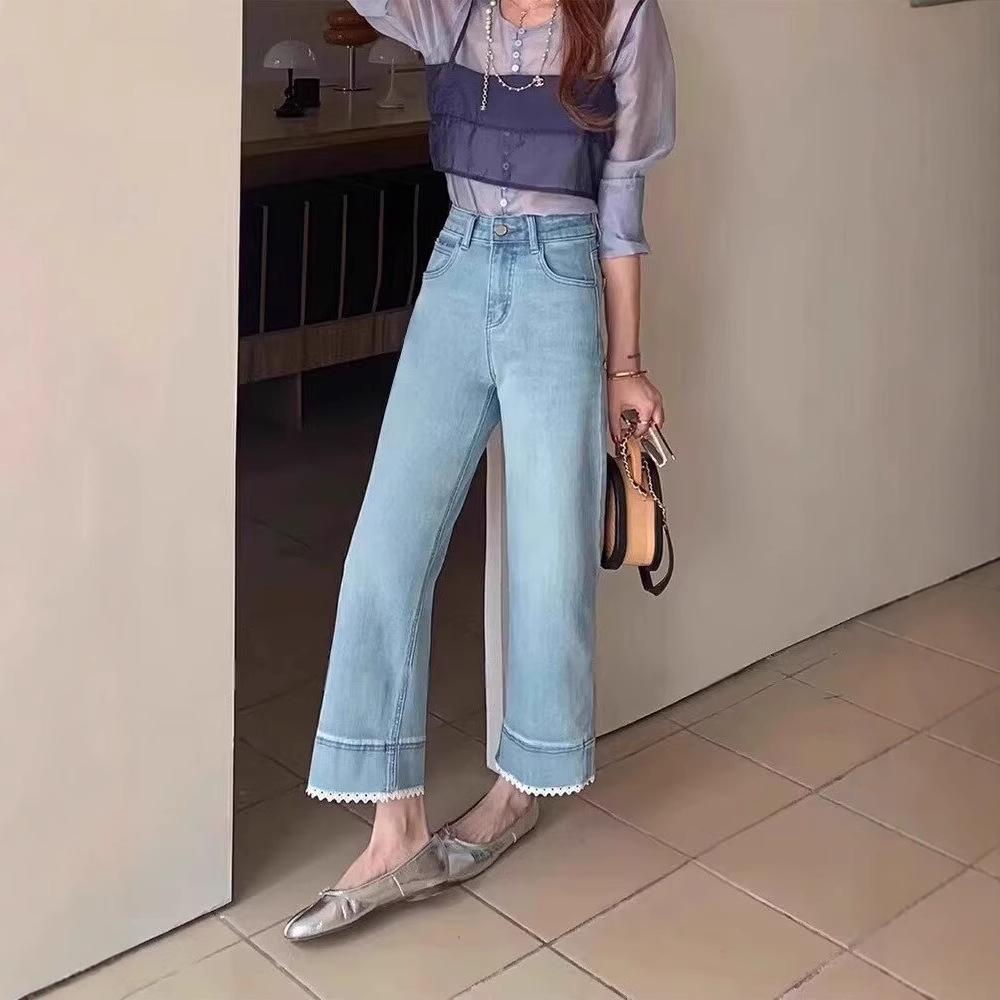 Lace Trim High Waist Petite Straight Leg Jeans for Women - Spring/Summer 2025 Collection