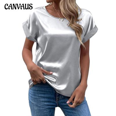 Camiseta feminina de verão, camisa de cetim de manga curta, solta, casual, gola redonda, tops femininos