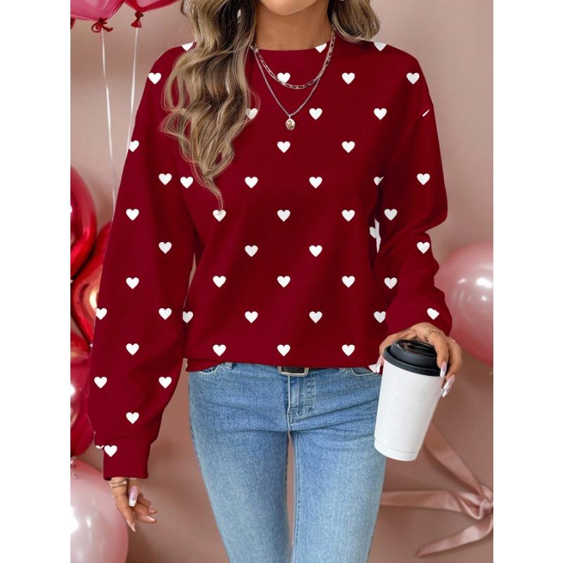 Women's Heart-Shaped Red And White Print Sweatshirt,Casual Autumn Loose Fit Crew Neck Long Sleeve Pullover For Date,Vintage Commute Style