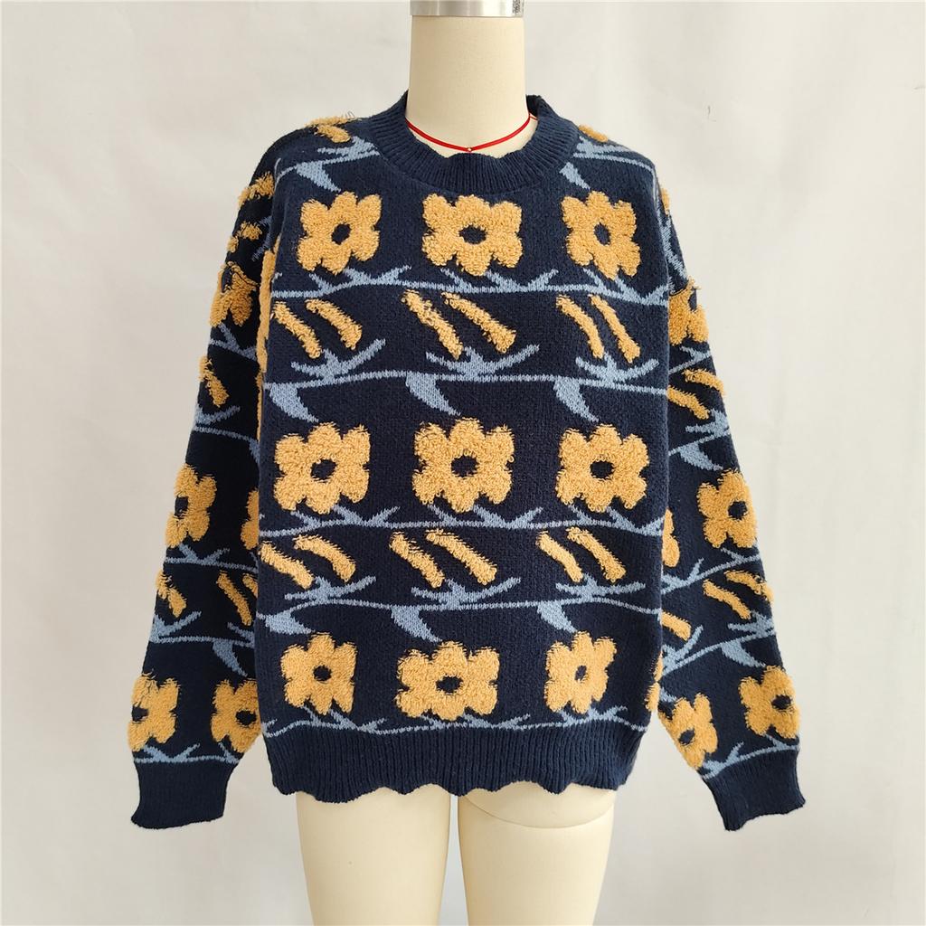 Autumn and Winter New Sweet and Cute Style Flower Jacquard Towel Embroidered Knitted Round Neck Thick Sweater for Women 3579 KTB
