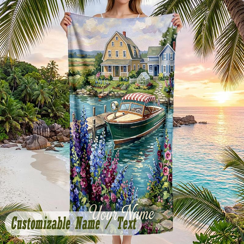 Blue White Floral 1 Theme Quick Dry Beach Towel Custom Name Text Print Large Sand Resistant Towel Beach Vacation