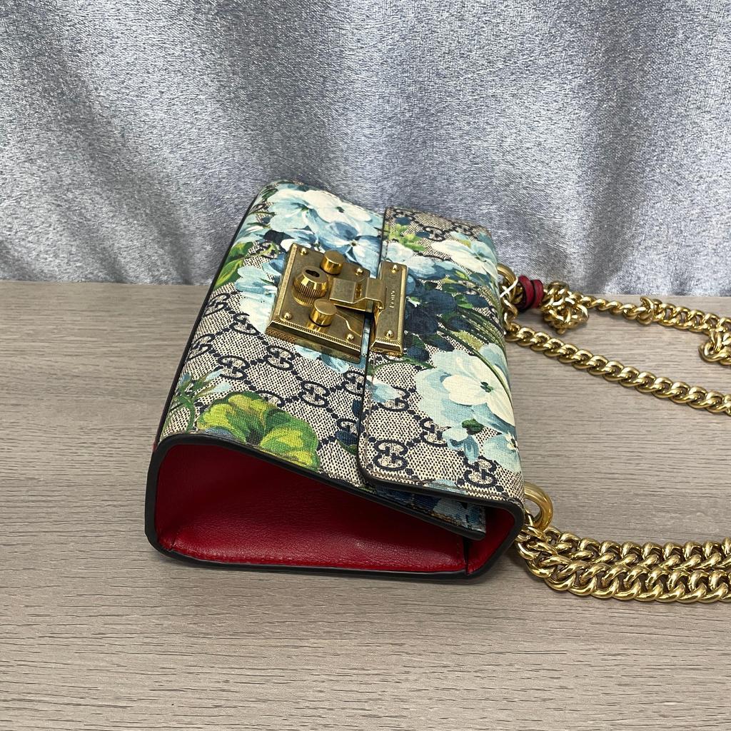 [Pre-Owned] Padlock Metal Lock Buckle Bag GG Blooms Logo Geranium Print Canvas And Leather Box Bag Chain Shoulder Crossbody Bag S - Very Good #19AOBGS