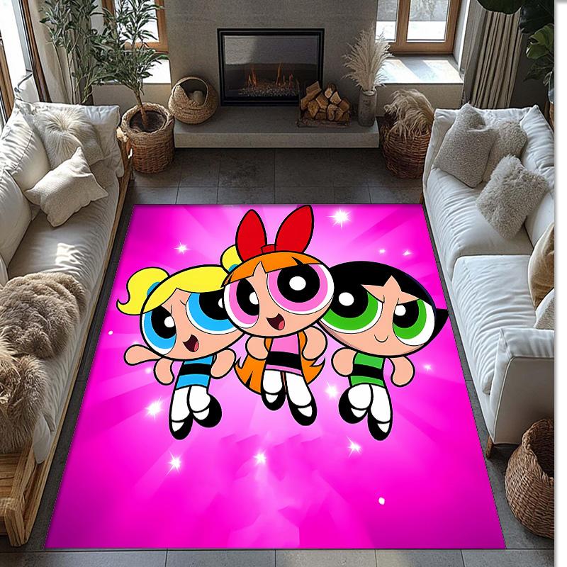 The Powerpuff Girls Printed Crystal Velvet Area Rug, Soft Anti-Slip Water Absorbent Floor Mat for Living Room Bedroom