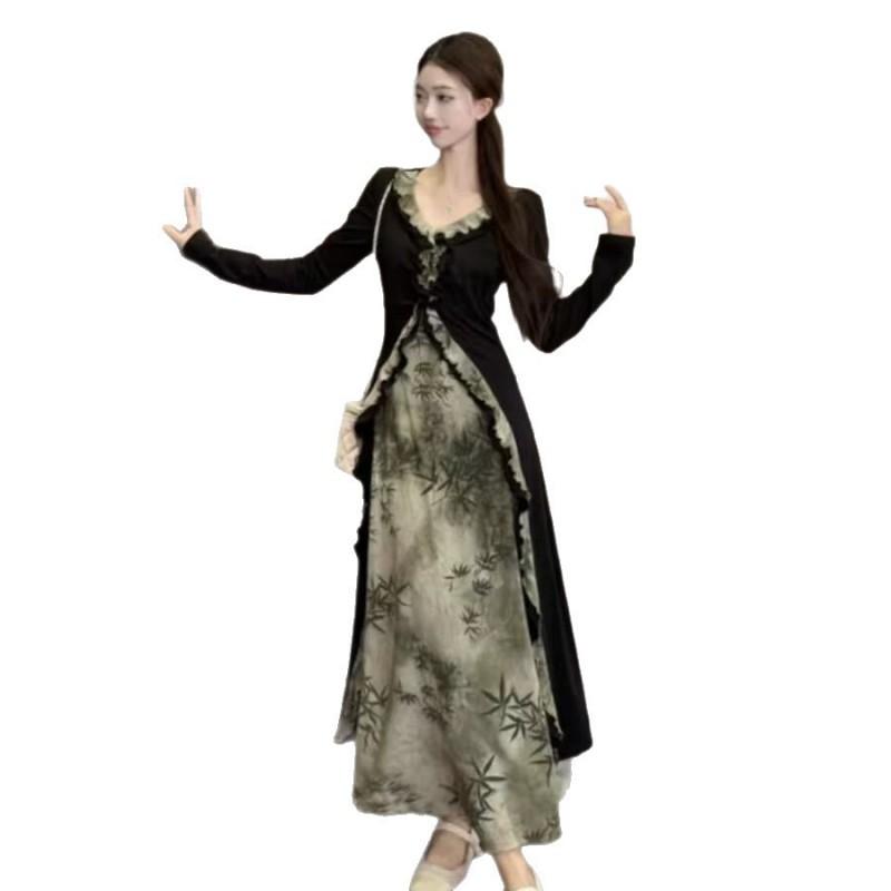 New Chinese Style V-Neck Slim Dress Women Early Plus Size Elegant Long