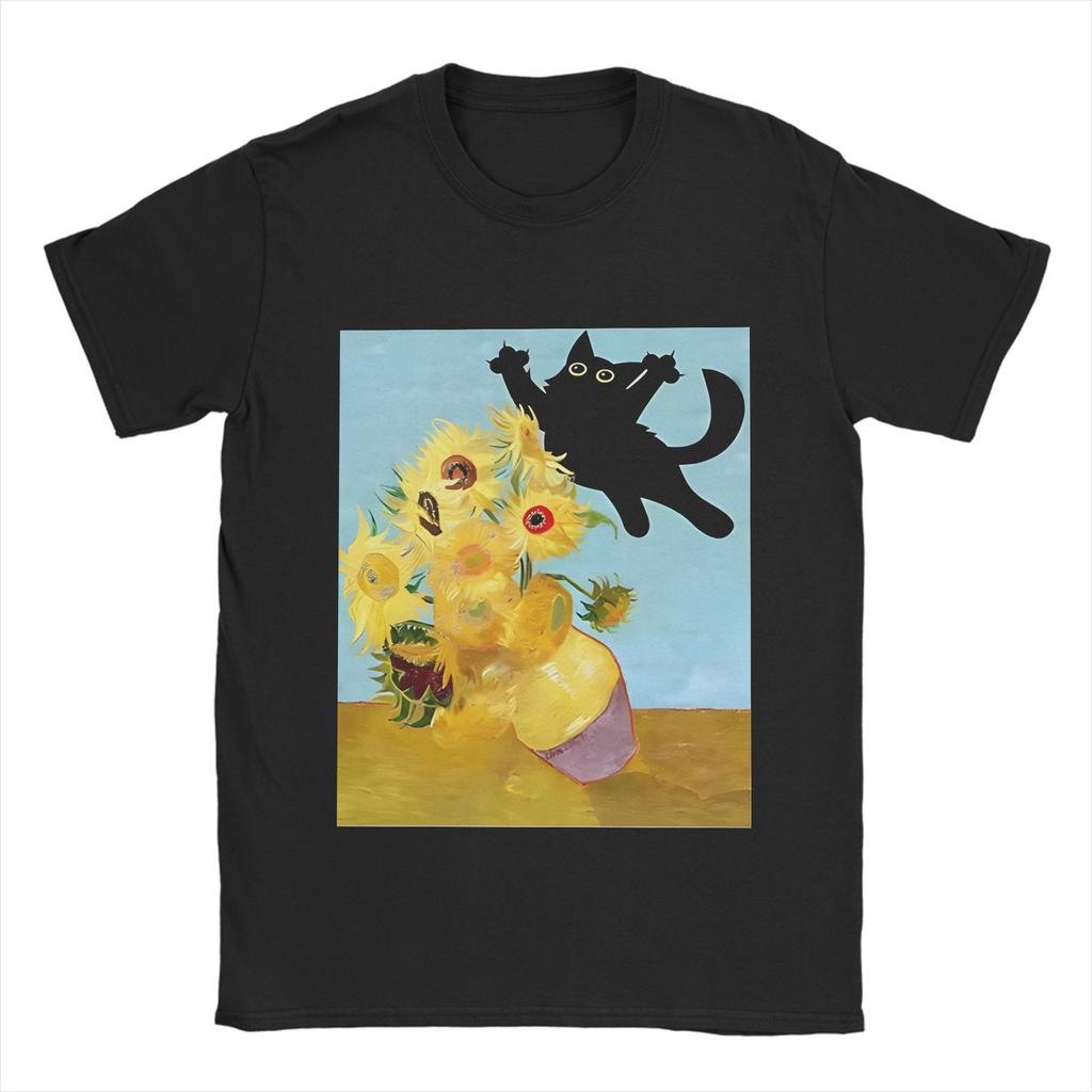 Vincent Van Gogh T-Shirts Men Cute Cat bayingimg Awesome Cotton Tee Shirt Crewneck Short Sleeve T Shirt Plus Size Clothing