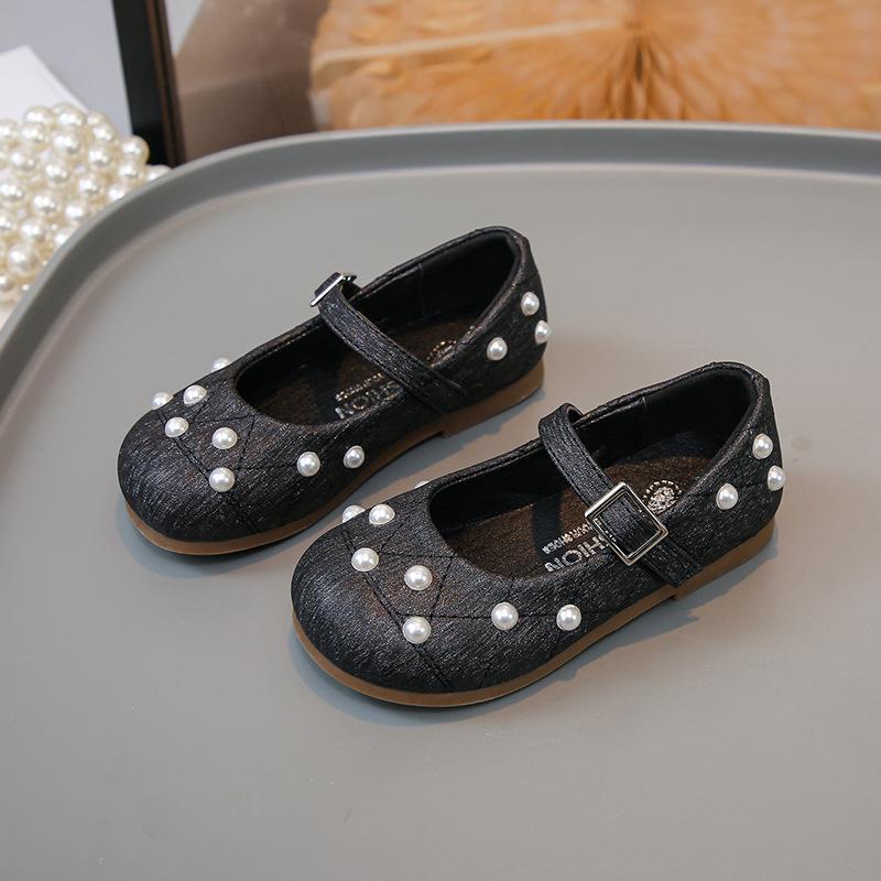 Girls' Black Soft-Soled Leather Mary Janes with Pearls - New 2026 Spring/Autumn Ballet Performance & Casual Shoes