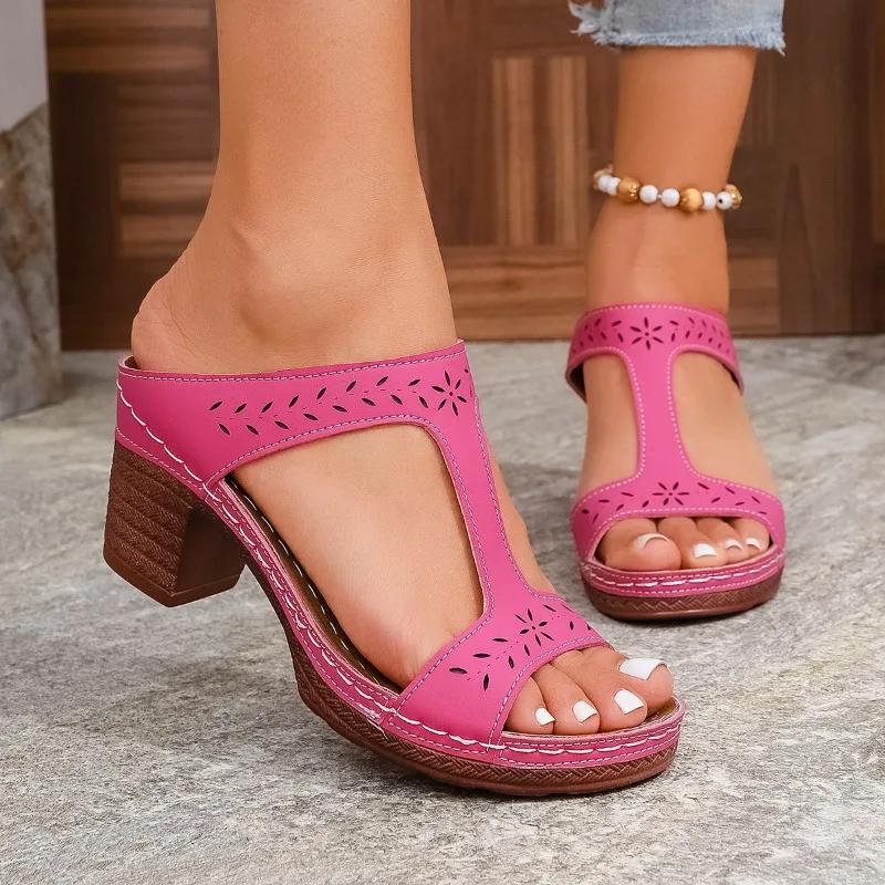 

Fashion 2025 Summer New Open Toe Women’s Slippers Round Toe Chunky Heels Outdoor Sewing Sandals for Hot Sale Plus Size Daily Slippers 43