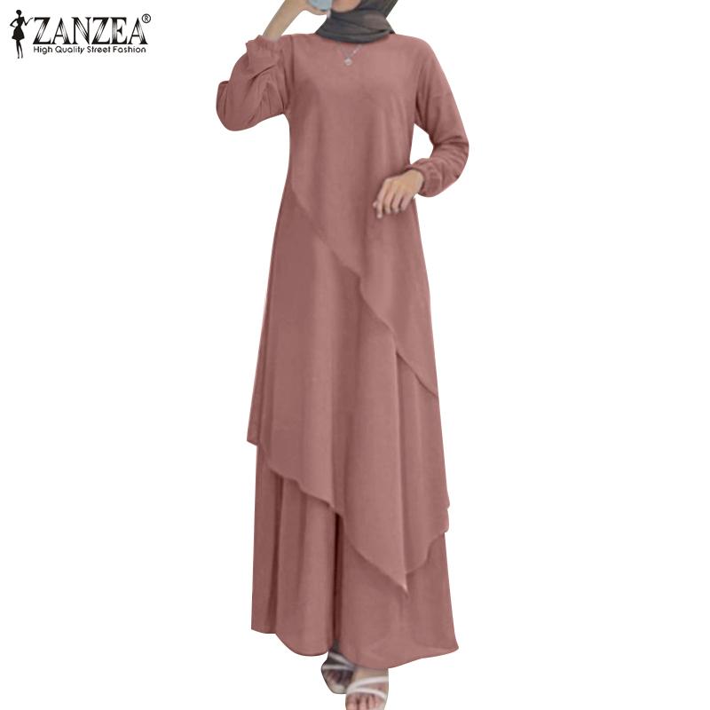 

ZANZEA Женское повседневное двухслойное длинное платье с длинным рукавом и круглым вырезом