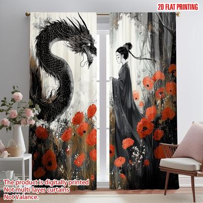 Set Of 2 Flat Printing Party Curtains Japanese Anime Wind China Female Dragon Versatile Polyester Without Electricity Family Curtain