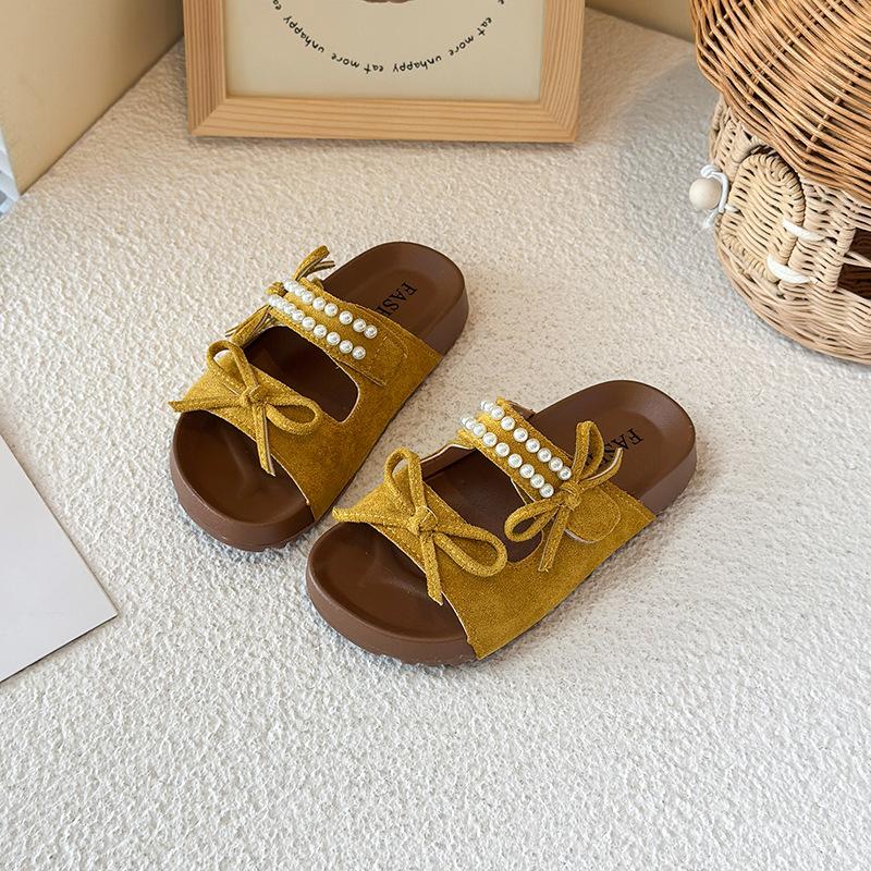 

Girls Beach Shoes Open Toes Soft Sole Kids Slippers Outdoors Korean Style 2025 Summer Children Princess Shoes Sweet Bows Beading 26 жёлтый