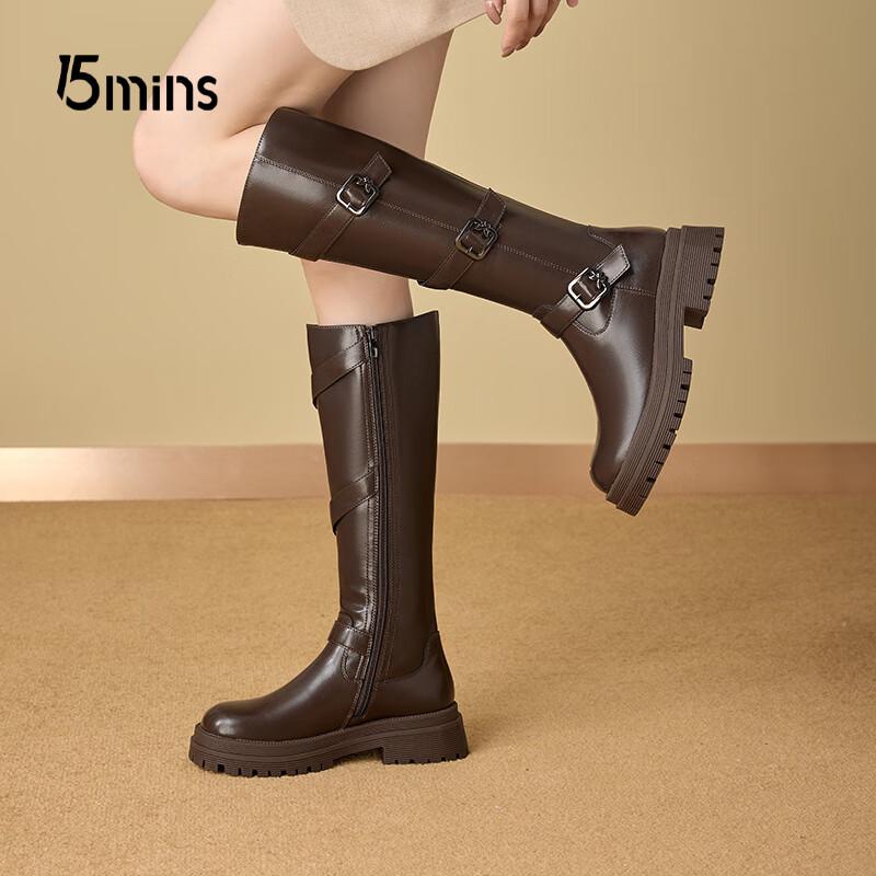 15MINS Women's Winter Warm Block Heel High Boots with Belt Buckle