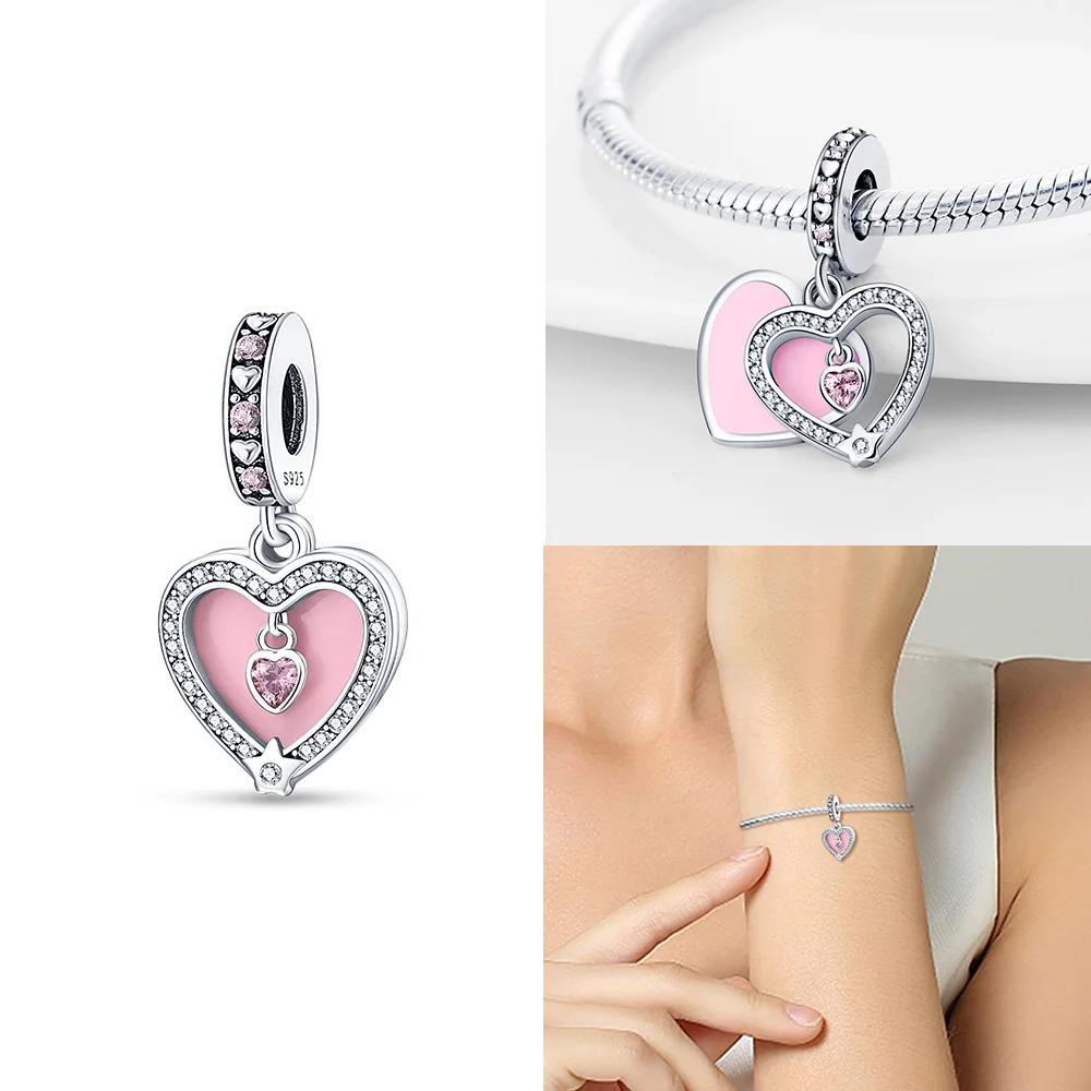 Pink Zircon Open Front Love Couple Sweater Copper Charms Beads Original Fit Bracelet Women Delicacy Diy Girlfriend'S Gift