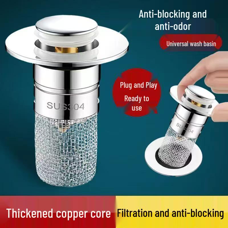 Universal Stainless Steel Press-Type Basin Drain Plug with Anti-Odor Blocking for Washbasins