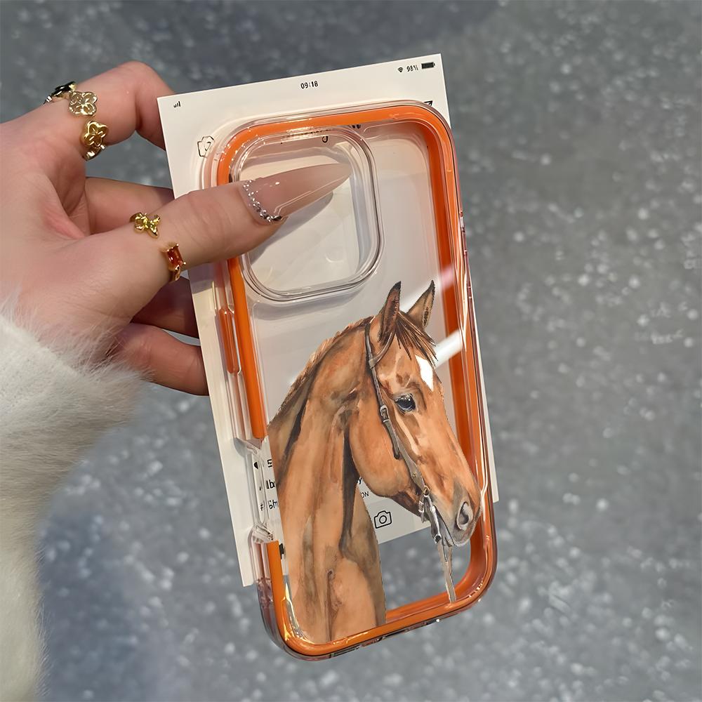 Retro Watercolor Horse Pattern Clear Phone Case For iPhone 17Air 16 15 14 13 12 11 Pro Max 14 Plus 2 In 1 Candy Color Soft Cover