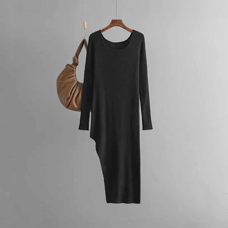 Elegant Split Knitted Dress Autumn New Solid Color Slim-fit Vented Long Dress Women Tight Base Hip Irregular Dress 2026 Vestidos One Size