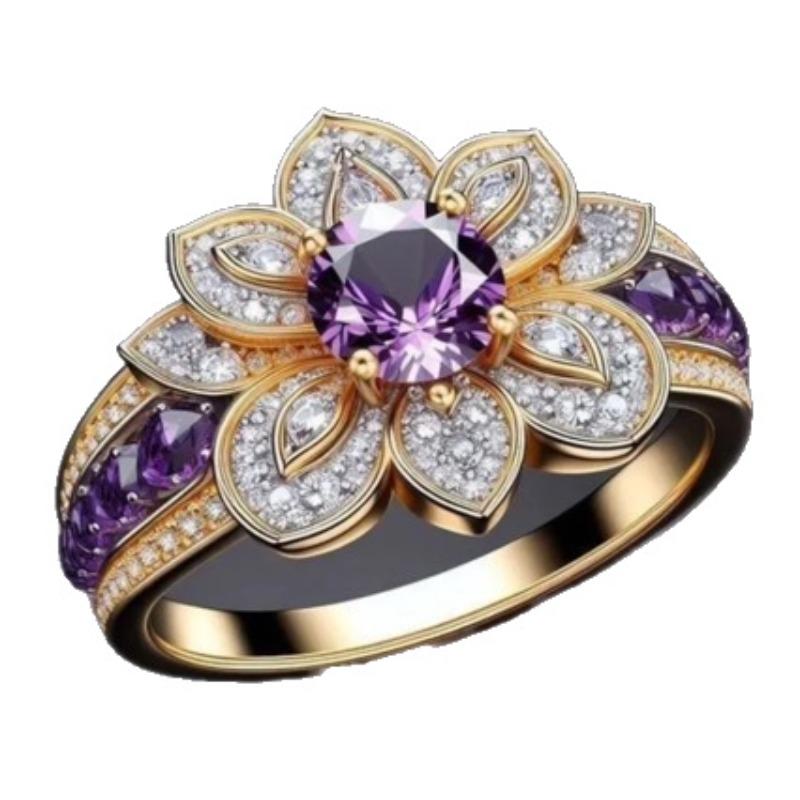 Elegant Two-Tone Flower Ring with Purple Zirconia, Perfect for Anniversaries And Daily Wear, Ideal Jewelry Gift for Women