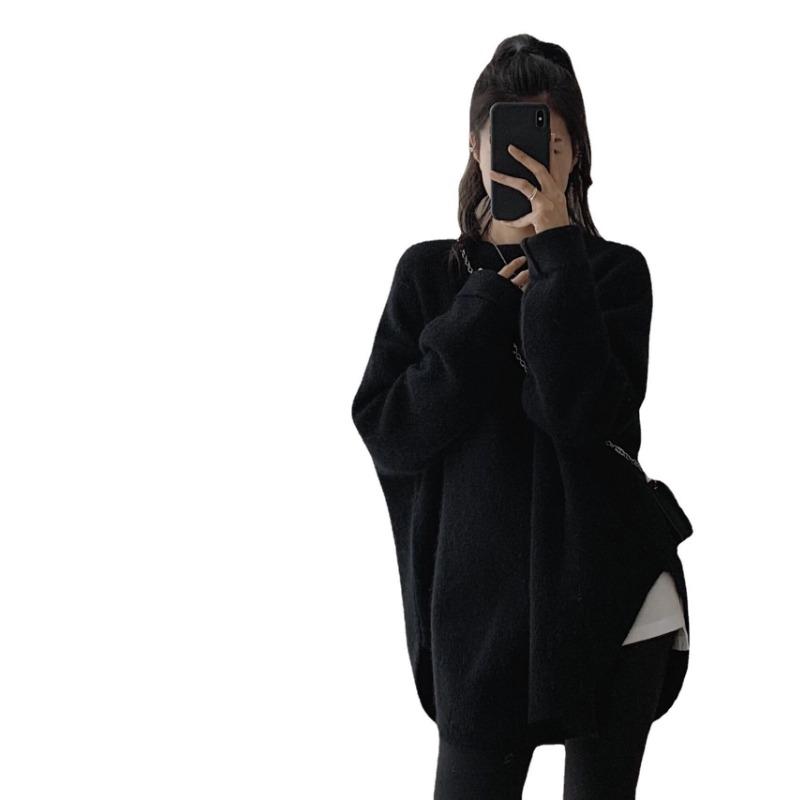 

Женский свитер средней и длинной длины, осенне-зимний, нежный, с ленивым ветром, однотонный, вязаный, для ношения под низ, с топом average size чёрный