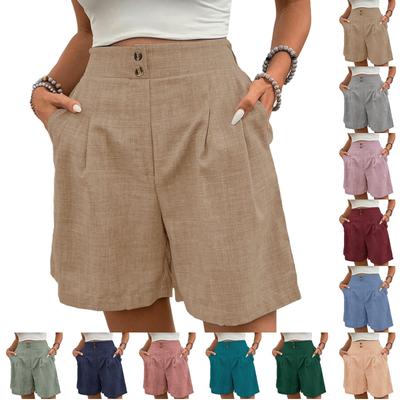 Pantalones Cortos Casuales Sueltos para Mujer Botón -Color Cintura Alta Rectos