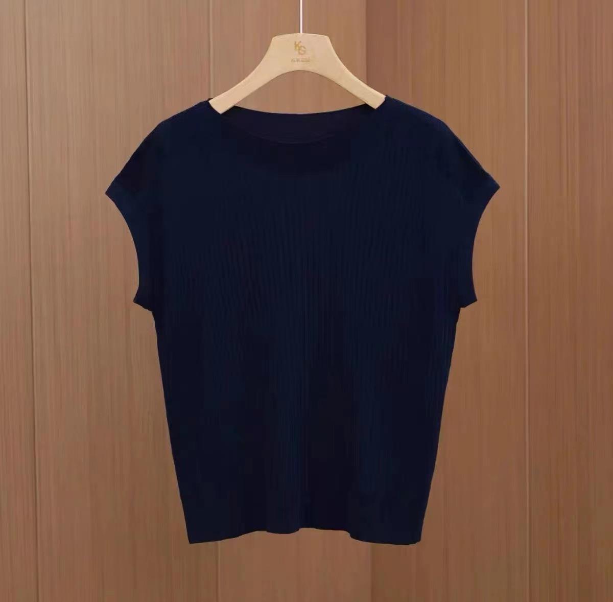 

Женский летний трикотажный топ Ice Silk на одно плечо с короткими рукавами, вертикальными полосками и воротником-стойкой M темно-синий