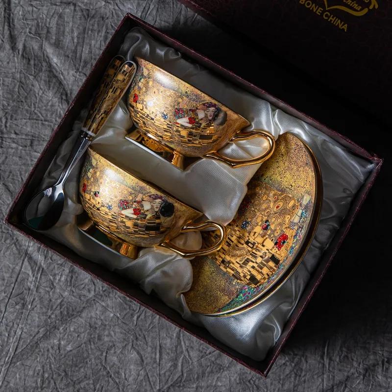 Bone China Coffee Mug Set, Ceramic Tea Set, Klimt Kiss, Luxury Gifts, Porcelain Drinkware, Tea Cups with Spoon Tray, Gift Box