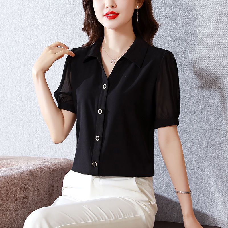 Women's short-sleeved chiffon splicing top women's summer new black foreign style age-reducing meat-covering and thin shirt women