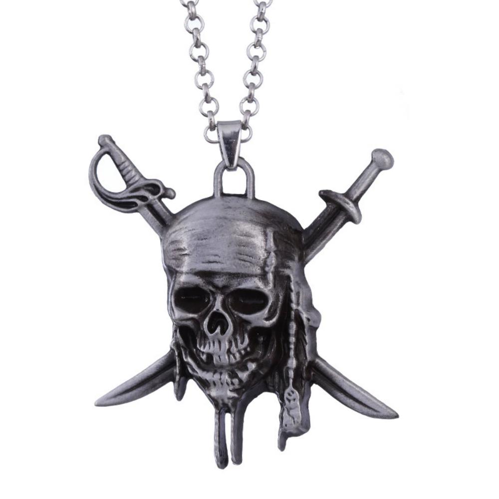 Pirates Of The Caribbean Necklace Movie Jack Sparrow Aztec Skeleton Skull Heads Pendant Punk Medallion Vintage Jewelry Wholesale 50cm
