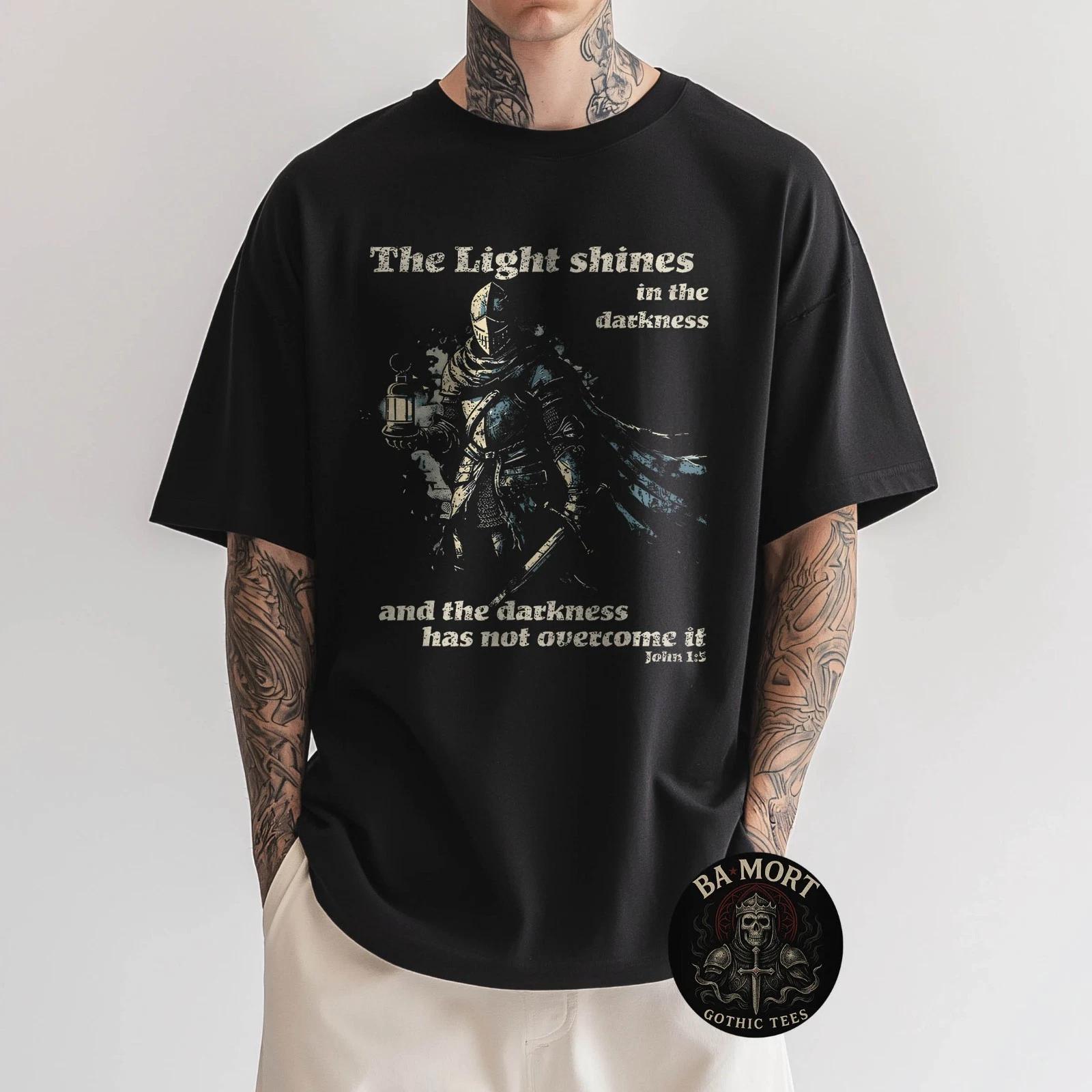 The Light Shines In The Darkness Gothic Knight Design T-Shirt XS