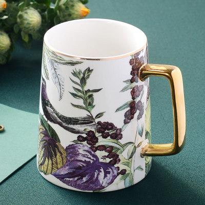 480ml Ceramic Coffee Mug With Luxury Gold Handle Pastoral Style Gold Flower Bird Magpie Birthday Gift Mugs