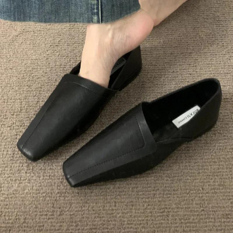 Women's Flats Sole Loafers Elegant Leather Square Toe Soft Shoes 2025 Trend New Brand Spring Walking Comfort Chaussures Femme
