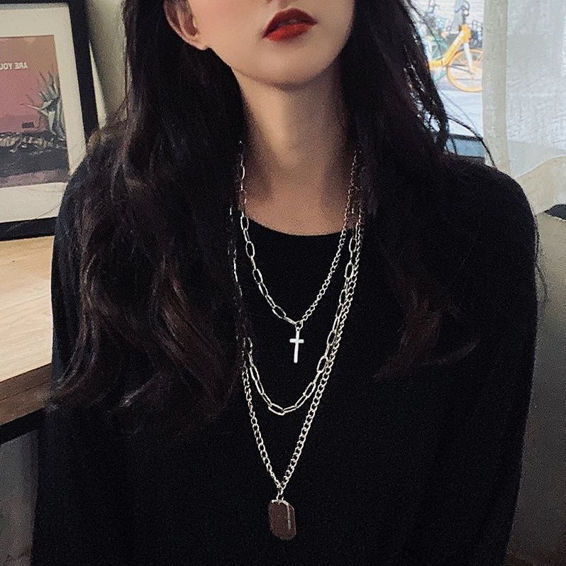 Trendy brand necklace female ins style hip hop Korean version sweater male Harajuku niche design pendant personalized cool multi-layer jewelry