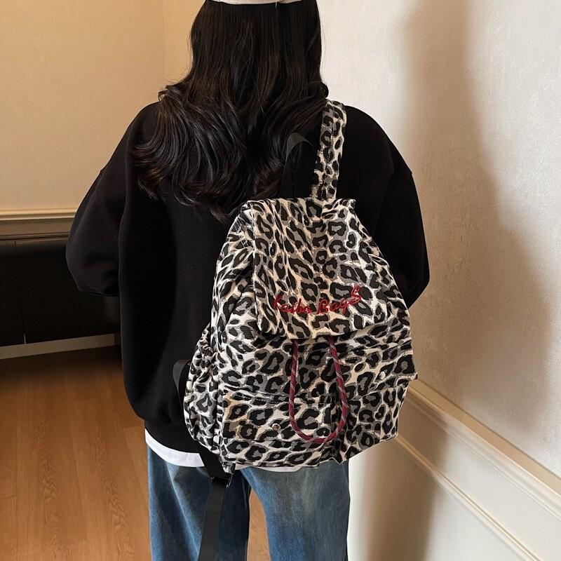Schoolbag Drawstring College Student Schoolbag Trendy Cool Leopard Print Canvas Backpack Women's Autumn and Winter New Casual Large-capacity Travel