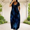 Women Plus Size Round Neck Short Sleeve Green Yellow Printed Loose Maxi Dress With Pockets