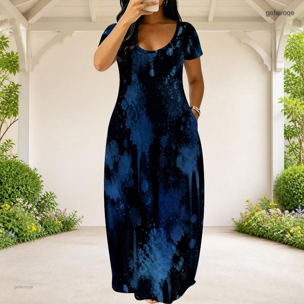 Women Plus Size Round Neck Short Sleeve Green Yellow Printed Loose Maxi Dress With Pockets