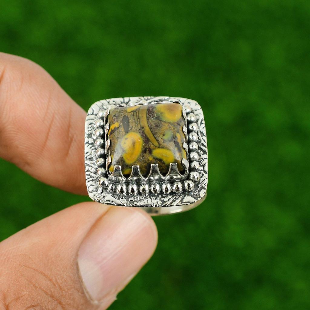 Cushion Rhyolite Gemstone Bezel Anniversary Wife Ring Size 8.25 Sterling Silver