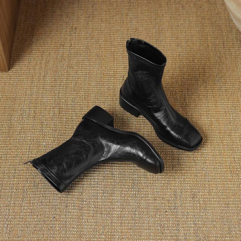 Autumn and winter medium heel knight boots women's comfortable square head leather boots rear zipper solid color square heel women's boots Korean vers