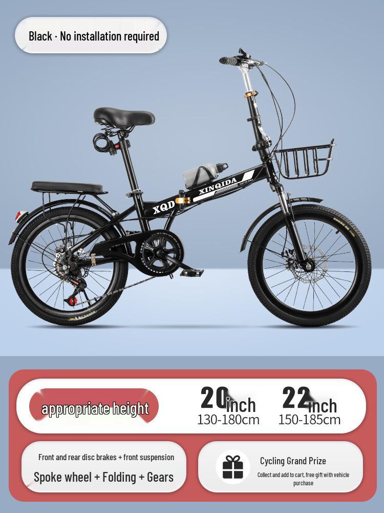 20/22-Inch Portable Folding Bicycle for Adults: No Assembly, Variable Speed, Shock-Absorbing Pedals