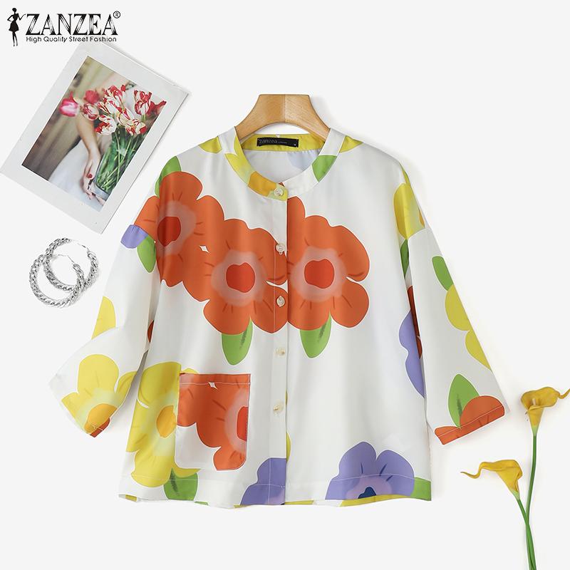 ZANZEA Women Casual Round Neck 3/4 Sleeve Summer Loose Print Blouse
