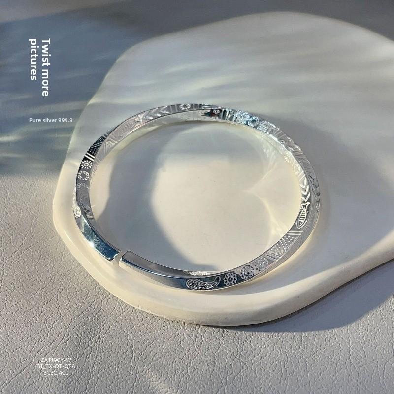 Fu's Foot Silver 999.9 Retro Totem Bracelet Solid Open Sterling Silver Bracelet Niche Design Ethnic Style