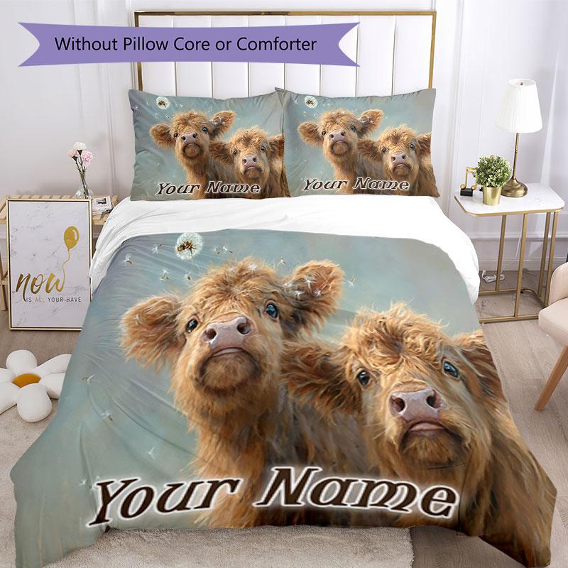 3PC Custom Name Highland Cattle Dreams Bedding Set Printed Bedding Set Duvet Cover Closure Includes 1 Duvet Cover & 2 Pillowcases for All Seasons Bedr