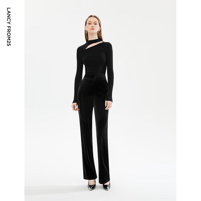 Langzi Black Velvet High-Waist Straight-Leg Pants