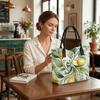  Lemon Floral Print Canvas Tote Bag Casual Large Capacity Shoulder Handbag for Daily Use