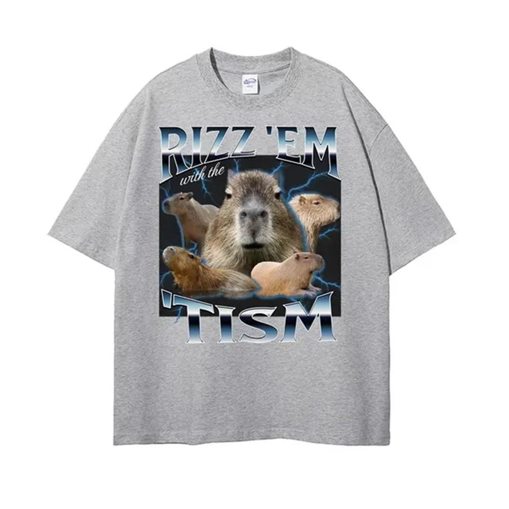 Rizz Em with The Tism Retro T Shirt Funny Cute Kawaii Capybara Meme T-shirt Men's Women Casual Fashion Humor Short Sleeve 82904