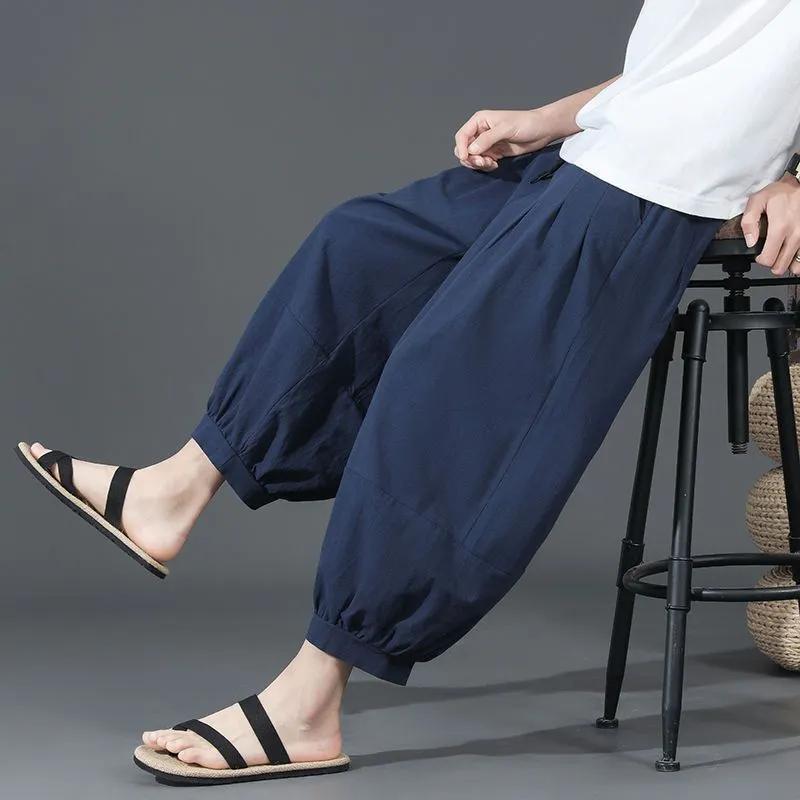 Plus Size Summer Cotton Linen Shorts Men Baggy Wide Leg Casual Capris Pants Male Sport Running Shorts Oversize Chinese Loose Straight Linen Pants