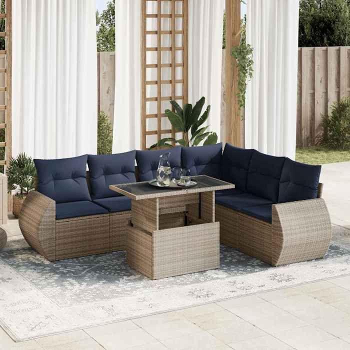 VidaXL Garden Furniture Set with Cushions 7 Pcs Grey Braided Resin Acacia, Outdoor Sofa Set, Garden Lounge Set 3326652