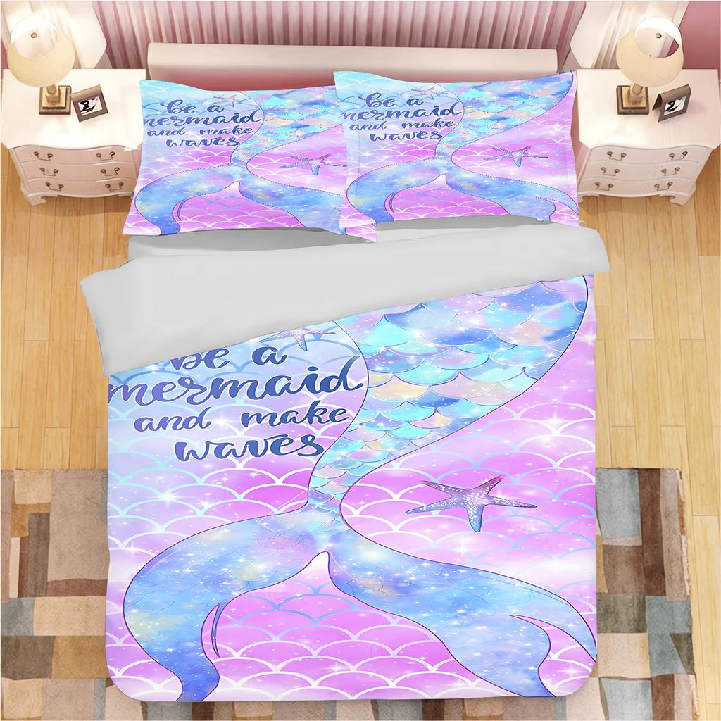 Mermaid Cartoon Printed Quilt Cover Soft Breathable Bedding Set Custom Design for Children Baby Bedroom Home Decoration