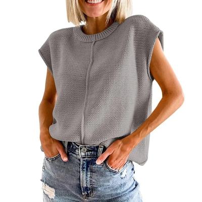 Fashion Sleeveless Office Tops Casual Round Neck Loose Knitted Sweater Vintage Solid Color Pullover For Women Sueter Mujer 29573